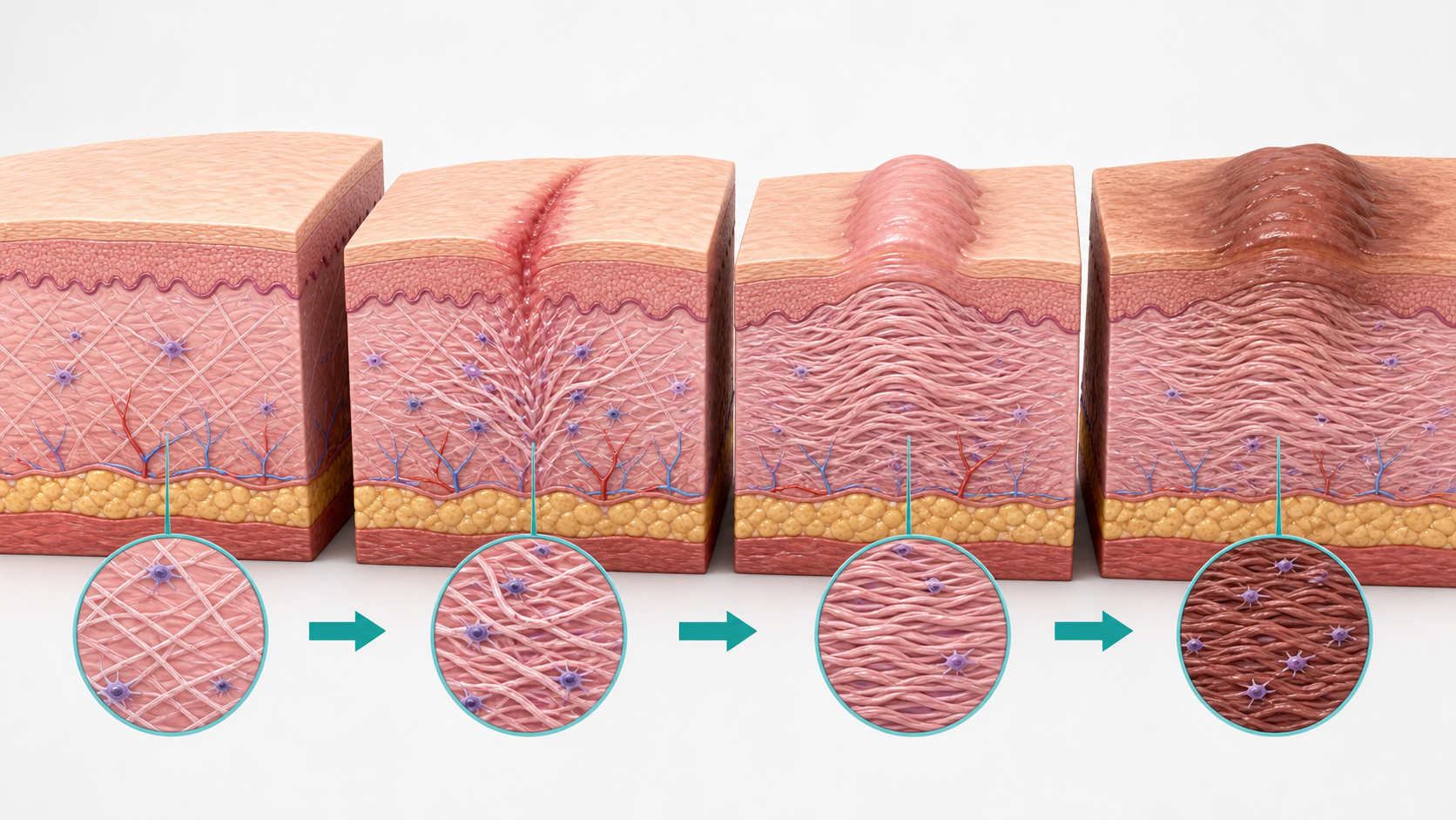 Skin cross-section showing scar formation stages